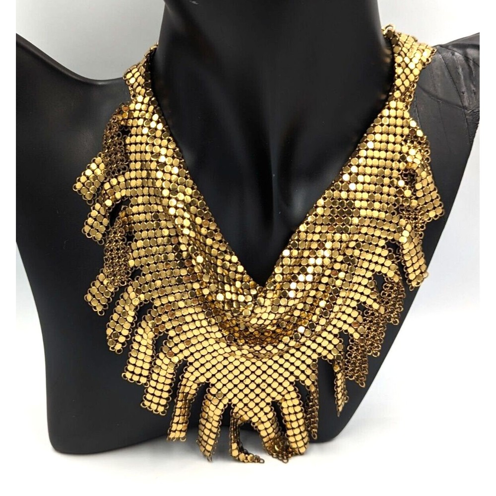 Whiting & Davis Gold Tone Chainmail Metal Fringed Vintage Bib Necklace 1970s - Picture 7 of 14